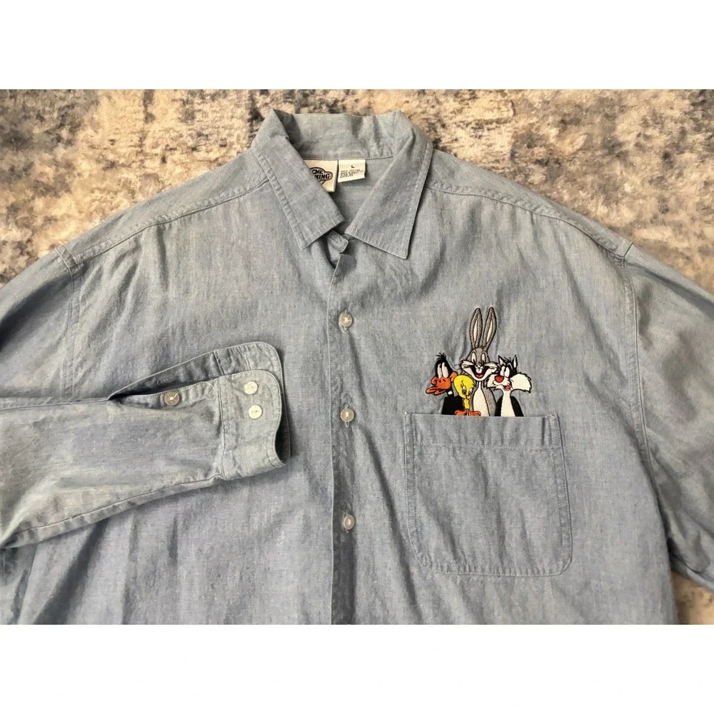 Vintage Acme‎ Clothing Co Looney Tunes Button Up Shirt Men's Size L Denim Look